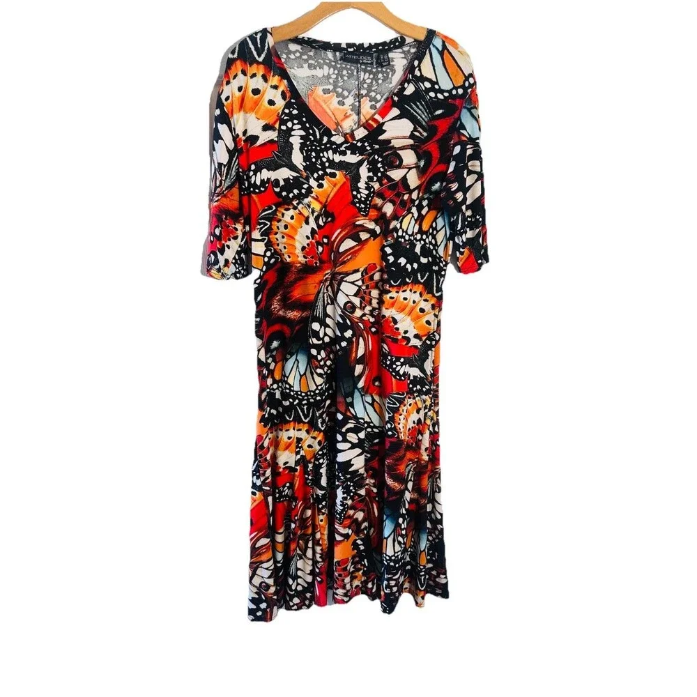 Attitudes Renee Jersey Dress Maxi Sz L Monarch Butterfly Maxi Boho Stretch Red - Picture 8 of 12